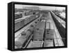 View of Freight Trains, Boxcars and Tank Cars, Standing on Tracks in Small Railroad Yard-null-Framed Stretched Canvas