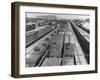 View of Freight Trains, Boxcars and Tank Cars, Standing on Tracks in Small Railroad Yard-null-Framed Photographic Print