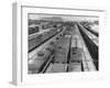 View of Freight Trains, Boxcars and Tank Cars, Standing on Tracks in Small Railroad Yard-null-Framed Photographic Print