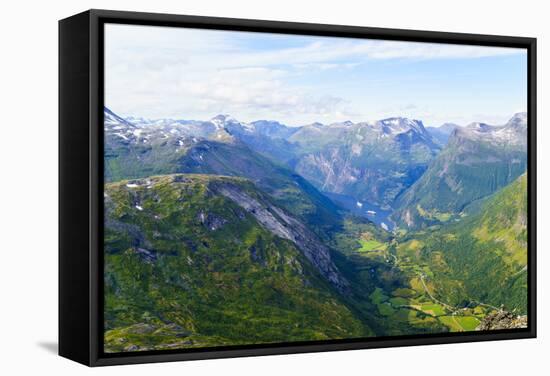 View of Geiranger and Geirangerfjord, from the Summit of Mount Dalsnibba, 1497M, Norway-Amanda Hall-Framed Stretched Canvas