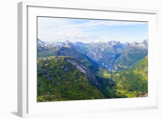 View of Geiranger and Geirangerfjord, from the Summit of Mount Dalsnibba, 1497M, Norway-Amanda Hall-Framed Photographic Print