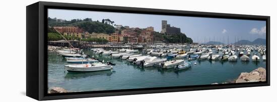 View of harbor and castle of Lerici, Liguria, Italy-null-Framed Stretched Canvas