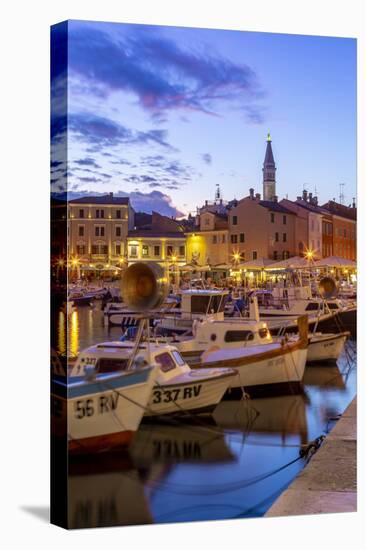 View of harbour and the old town with the Cathedral of St. Euphemia at dusk, Croatia-Frank Fell-Stretched Canvas