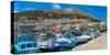 View of harbour boats in Kalimnos with hills in the background, Kalimnos, Dodecanese Islands-Frank Fell-Stretched Canvas