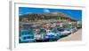 View of harbour boats in Kalimnos with hills in the background, Kalimnos, Dodecanese Islands-Frank Fell-Framed Photographic Print