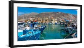 View of harbour boats in Kalimnos with hills in the background, Kalimnos, Dodecanese Islands-Frank Fell-Framed Photographic Print