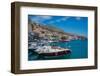 View of harbour boats in Kalimnos with hills in the background, Kalimnos, Dodecanese Islands-Frank Fell-Framed Photographic Print