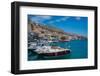 View of harbour boats in Kalimnos with hills in the background, Kalimnos, Dodecanese Islands-Frank Fell-Framed Photographic Print