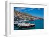 View of harbour boats in Kalimnos with hills in the background, Kalimnos, Dodecanese Islands-Frank Fell-Framed Photographic Print