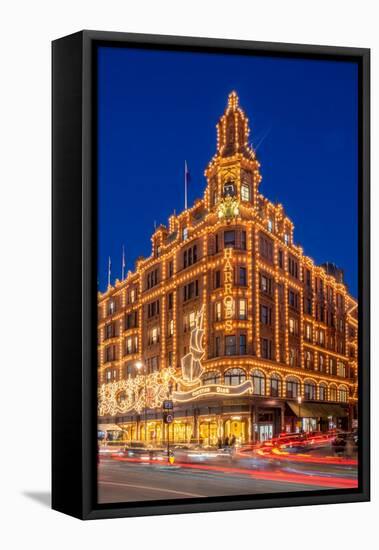 View of Harrods department store illuminated at dusk, Knightsbridge, London-Frank Fell-Framed Stretched Canvas