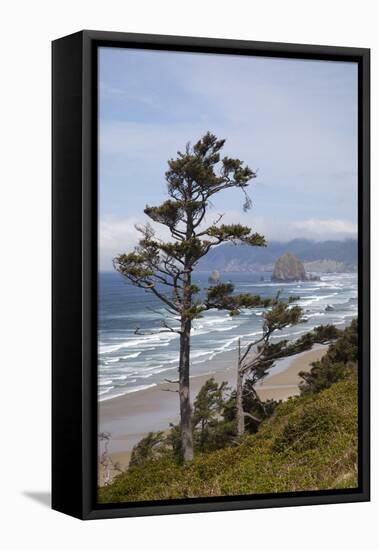 View of Haystack Rock and Cannon Beach, from Highway 101, Oregon, USA-Jamie & Judy Wild-Framed Stretched Canvas