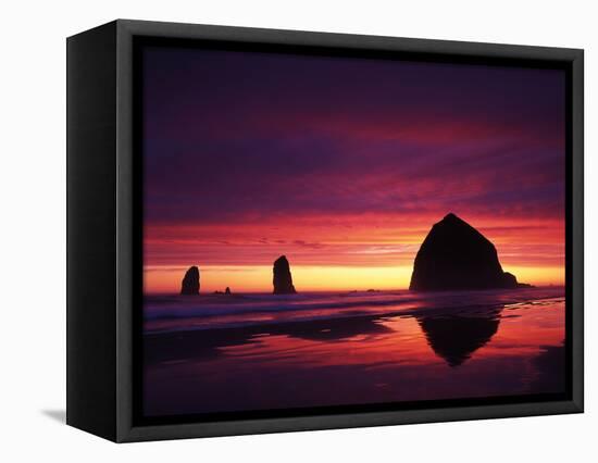 View of Haystack Rock on Cannon Beach at Sunset, Oregon, USA-Stuart Westmorland-Framed Stretched Canvas