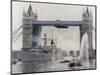 View of HMS London Sailing Beneath Tower Bridge, London, 1988-null-Mounted Photographic Print