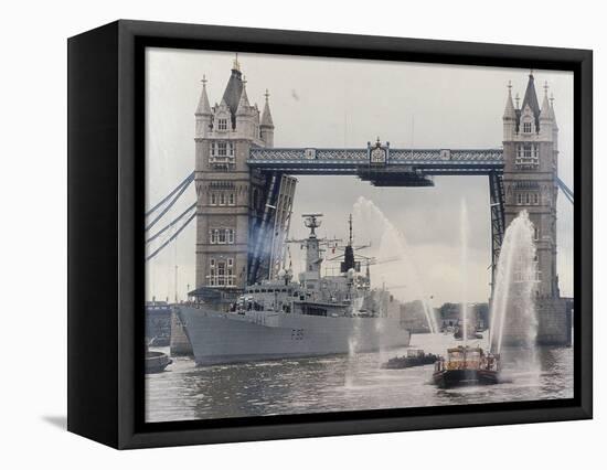 View of HMS London Sailing Beneath Tower Bridge, London, 1988-null-Framed Stretched Canvas