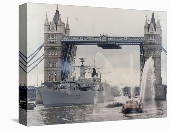 View of HMS London Sailing Beneath Tower Bridge, London, 1988-null-Stretched Canvas