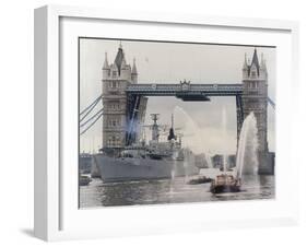 View of HMS London Sailing Beneath Tower Bridge, London, 1988-null-Framed Photographic Print