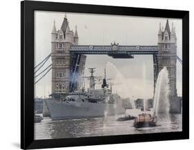 View of HMS London Sailing Beneath Tower Bridge, London, 1988-null-Framed Photographic Print