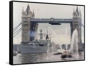 View of HMS London Sailing Beneath Tower Bridge, London, 1988-null-Framed Stretched Canvas