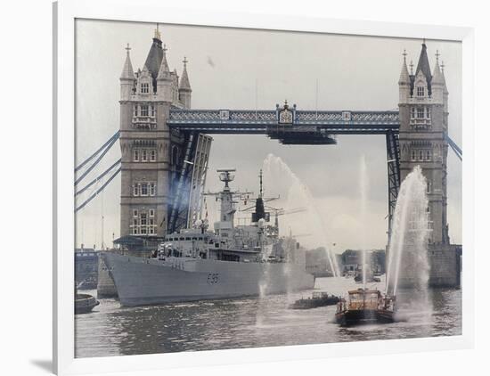 View of HMS London Sailing Beneath Tower Bridge, London, 1988-null-Framed Photographic Print