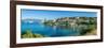 View of hotels overlooking Fiscardo harbour, Fiscardo, Kefalonia, Ionian Islands, Greek Islands-Frank Fell-Framed Photographic Print