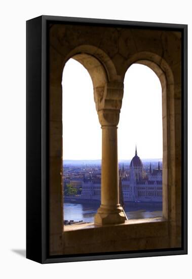 View of Hungarian Parliament Building from Fisherman's Bastion, Budapest, Hungary, Europe-Neil Farrin-Framed Stretched Canvas