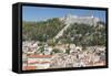 View of Hvar Main Square overlooked by Spanish Fortress, Hvar, Hvar Island, Dalmatia, Croatia-Frank Fell-Framed Stretched Canvas