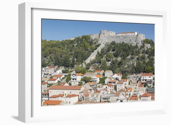 View of Hvar Main Square overlooked by Spanish Fortress, Hvar, Hvar Island, Dalmatia, Croatia-Frank Fell-Framed Photographic Print