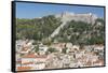 View of Hvar Main Square overlooked by Spanish Fortress, Hvar, Hvar Island, Dalmatia, Croatia-Frank Fell-Framed Stretched Canvas