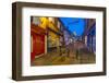 View of illuminated Lincoln Cathedral viewed from the cobbled Steep Hill at dusk, Lincoln, Lincolns-Frank Fell-Framed Photographic Print