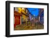 View of illuminated Lincoln Cathedral viewed from the cobbled Steep Hill at dusk, Lincoln, Lincolns-Frank Fell-Framed Photographic Print