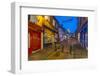 View of illuminated Lincoln Cathedral viewed from the cobbled Steep Hill at dusk, Lincoln, Lincolns-Frank Fell-Framed Photographic Print