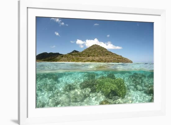 View of island and coral from above and below surface of water, Nyata Island, Lesser Sunda Islands-Colin Marshall-Framed Photographic Print