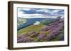 View of Ladybower Reservoir and flowering purple heather on Derwent Edge-Frank Fell-Framed Photographic Print