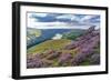 View of Ladybower Reservoir and flowering purple heather on Derwent Edge-Frank Fell-Framed Photographic Print