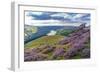 View of Ladybower Reservoir and flowering purple heather on Derwent Edge-Frank Fell-Framed Photographic Print