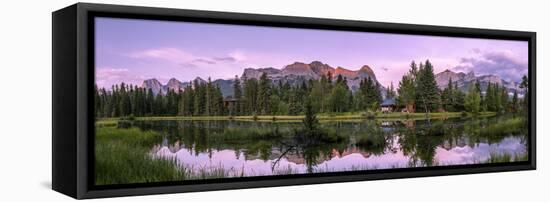 View of lake and mountains, Spring Creek Pond, Alberta, Canada-Panoramic Images-Framed Stretched Canvas