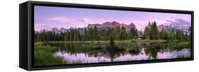 View of lake and mountains, Spring Creek Pond, Alberta, Canada-Panoramic Images-Framed Stretched Canvas