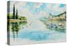 View of Lake Garda and Mountains in the Background (Italy).Picture Created with Watercolors.-null-Stretched Canvas