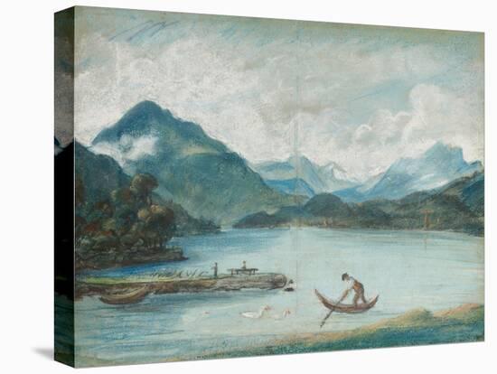 View of Lake Geneva with a Man Rowing a Small Boat and Two Swans-Elisabeth Louise Vigee-LeBrun-Stretched Canvas
