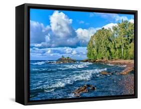 View of lakeshore against cloudy sky, Great Sand Bay, Lake Superior, Keweenaw Peninsula, Upper P...-null-Framed Stretched Canvas