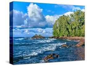 View of lakeshore against cloudy sky, Great Sand Bay, Lake Superior, Keweenaw Peninsula, Upper P...-null-Stretched Canvas
