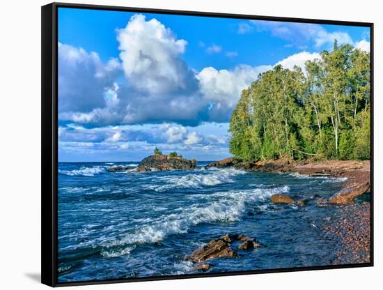 View of lakeshore against cloudy sky, Great Sand Bay, Lake Superior, Keweenaw Peninsula, Upper P...-null-Framed Stretched Canvas