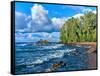 View of lakeshore against cloudy sky, Great Sand Bay, Lake Superior, Keweenaw Peninsula, Upper P...-null-Framed Stretched Canvas