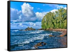 View of lakeshore against cloudy sky, Great Sand Bay, Lake Superior, Keweenaw Peninsula, Upper P...-null-Framed Stretched Canvas