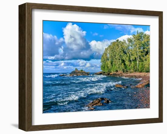 View of lakeshore against cloudy sky, Great Sand Bay, Lake Superior, Keweenaw Peninsula, Upper P...-null-Framed Photographic Print