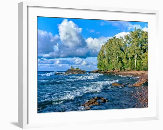 View of lakeshore against cloudy sky, Great Sand Bay, Lake Superior, Keweenaw Peninsula, Upper P...-null-Framed Photographic Print