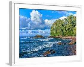 View of lakeshore against cloudy sky, Great Sand Bay, Lake Superior, Keweenaw Peninsula, Upper P...-null-Framed Photographic Print