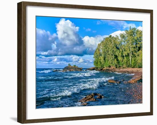 View of lakeshore against cloudy sky, Great Sand Bay, Lake Superior, Keweenaw Peninsula, Upper P...-null-Framed Photographic Print