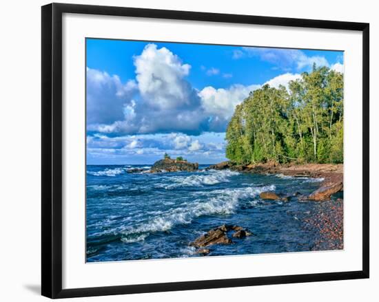 View of lakeshore against cloudy sky, Great Sand Bay, Lake Superior, Keweenaw Peninsula, Upper P...-null-Framed Photographic Print