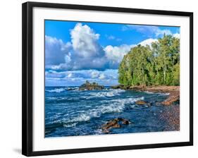 View of lakeshore against cloudy sky, Great Sand Bay, Lake Superior, Keweenaw Peninsula, Upper P...-null-Framed Photographic Print